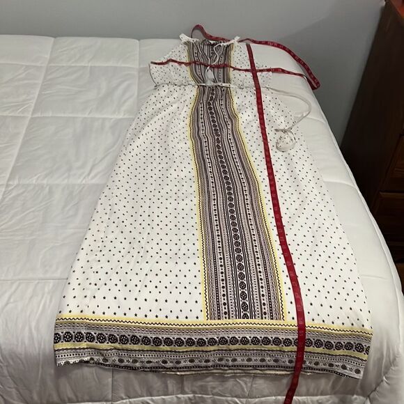 C Dress Size Small Tassel Tie V Neck Sleeveless Maxi White Brown Yellow Lined - Picture 11 of 12